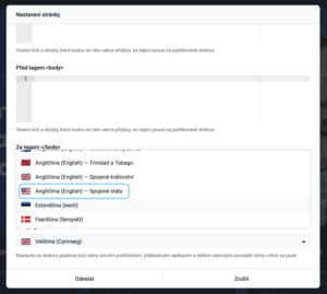 Voľba jazyka stránky vo WebEditore