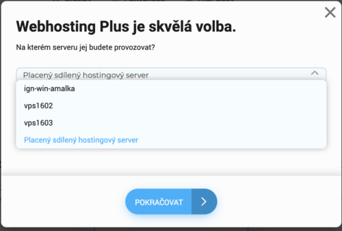 Ukážka výberu servera pre multihosting