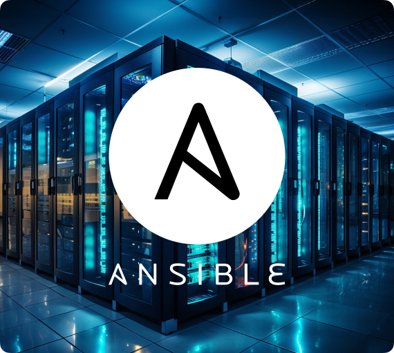 Logo Ansible v miestnosti plnej serverov