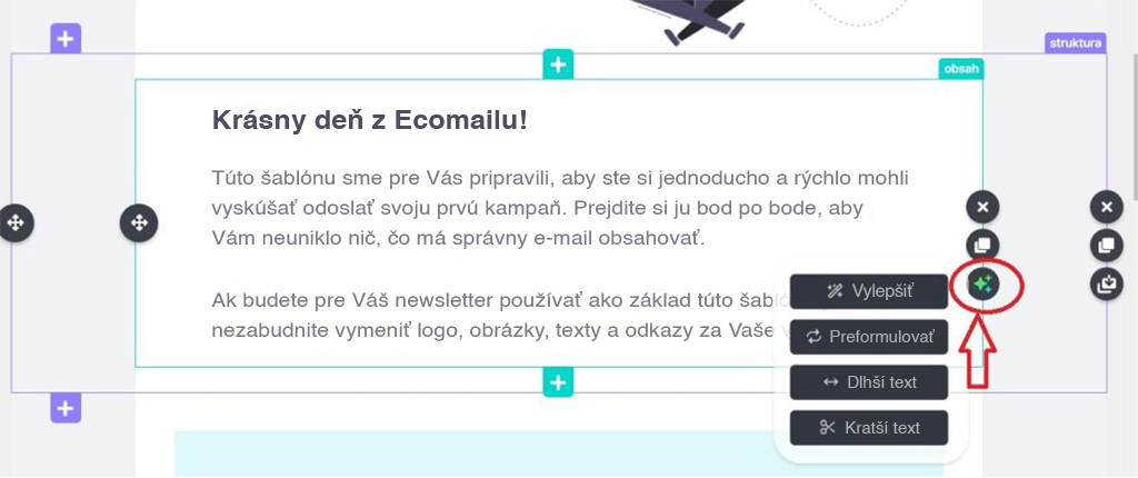 Ukážka AI asistenta písania v Ecomail.cz